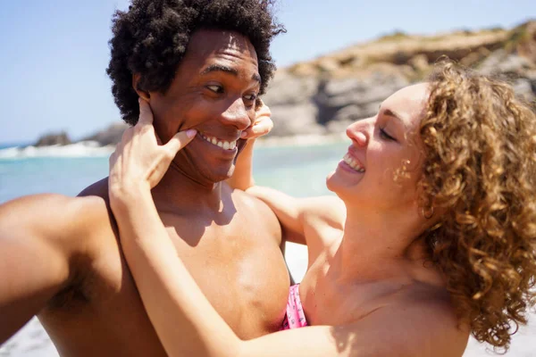 Cheerful Young Female Curly Hair Stretching Corners Black Boyfriends Mouth — Stock Photo, Image