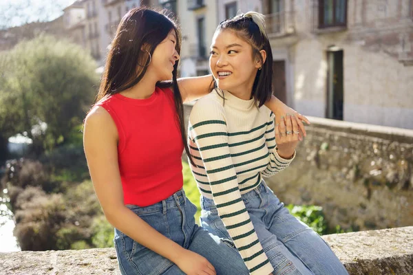 Mujeres Asiáticas Positivas Sonriendo Felizmente Mirándose Mientras Están Sentadas Frontera —  Fotos de Stock
