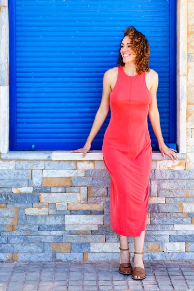 Full Body Smiling Female Red Sundress Flat Sandals Looking Away — Stock Photo, Image