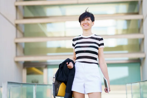 Smiling Adult Female Black Striped Shirt Short Dress Holding Jacket — Stock Photo, Image