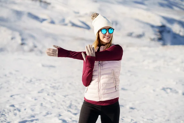 Cheerful Young Female Warm Clothes Sunglasses Smiling Looking Away While — Stock Photo, Image