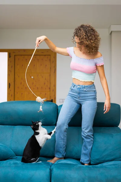 Jovem Encaracolado Fêmea Jeans Top Sofá Brincando Com Gato Bonito — Fotografia de Stock