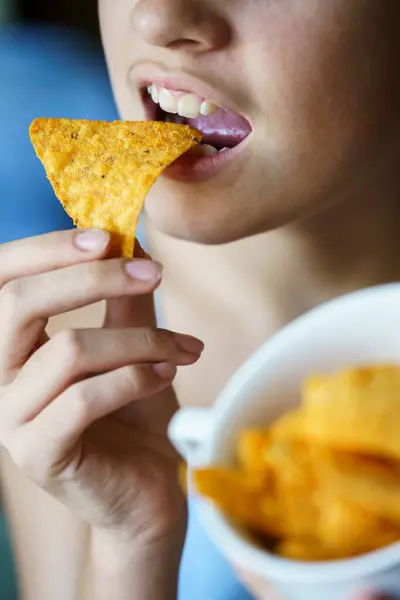 Crop Anonymous Young Girl Mouth Wide Open Eat Delicious Mexican — Stock Photo, Image