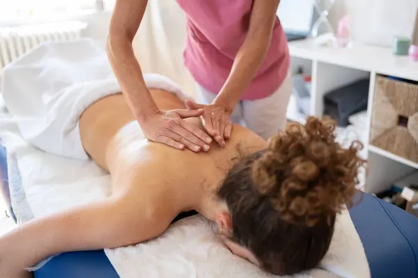 High Angle Crop Anonymous Female Massage Therapist Massaging Back Using — Stock Photo, Image