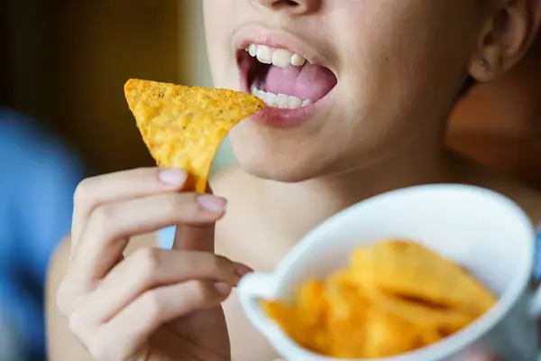 Crop Unrecognizable Teenage Girl Mouth Wide Open Eat Spicy Tortilla — Stock Photo, Image
