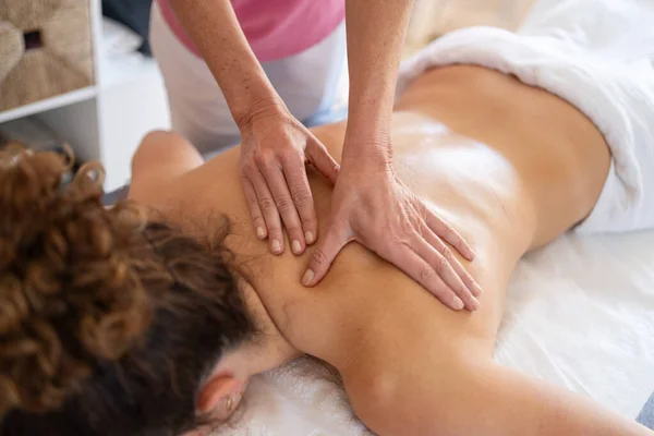 High Angle Crop Anonymous Massage Therapist Rubbing Back Female Patient — Stock Photo, Image