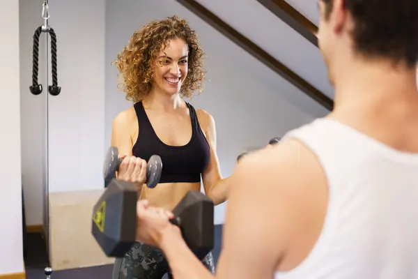 Positive Fit Woman Sports Top Lifting Dumbbells Male Friend While Stock Photo
