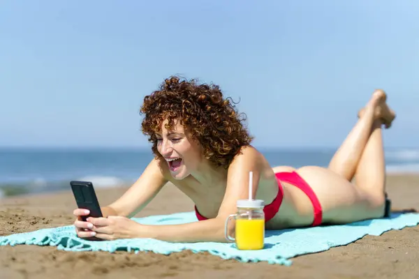Laughing Young Curly Haired Lady Bikini Having Cup Cool Drink Zdjęcia Stockowe bez tantiem