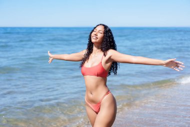 Güneşli bir günde, neşeli bir kadın parıldayan sahilde durur, güneşi kucaklar ve serin bir esintiyi kucaklar. Bu özgürlük ve neşe anı ruhunun doğayla mükemmel bir uyum içinde süzülmesine izin verir.