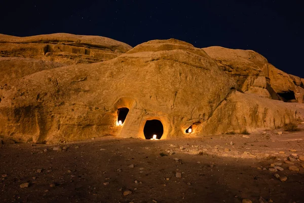 Landskap Petra Nära Wadi Musa Upplyst Med Ljus Nära Wadi — Stockfoto