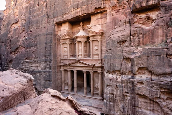 Treasury Khazne Firaun Detail Petra Jordanië Gevel Van Een Nabatees — Stockfoto