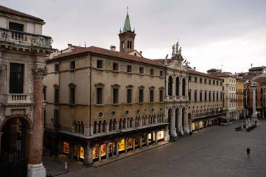 Vicenza, Italy - August 12 2022: Palazzo del Monte di Pieta, the Palace of the Mount of Piety on the Piazza dei Signori Square.