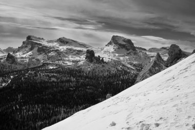 Cinque Torri in the Nuvolao Group Mountain Range Monochrome Winter Landscape