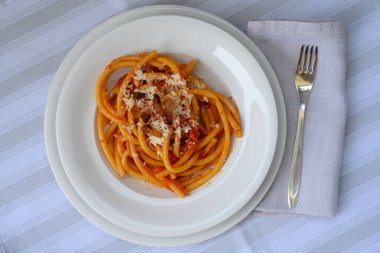 Bucatini Lazio ve Roma 'dan Guanciale ve Domatesli tüm Amatriciana İtalyan Makarnaları