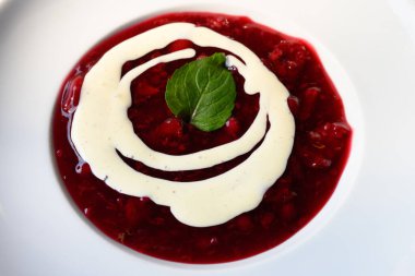Kırmızı Groats Fruit Jelly ve Berry Dessert ve Vanilya Sosu Hamburg Style veya Hamburger Rote Grutze mit Vanillesauce