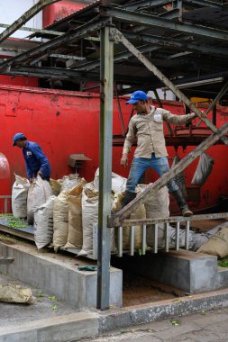Bois Cheri, Mauritius - 18 Ekim 2023: Bois Cheri Çay Fabrikası İşçi Torbaları Çay Yaprakları.