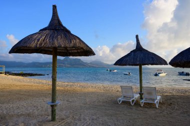 Preskil Adası, Mauritius - 25 Ekim 2023 Preskil Adası 'nda, sabahın erken saatlerinde Palm Trees ile Pointe d' Esny yakınlarında bir sahil.