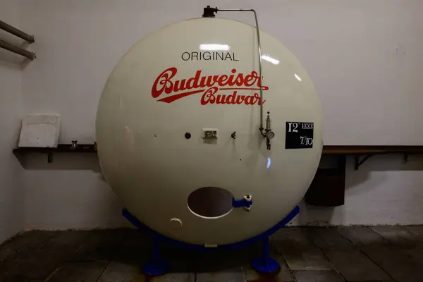 stock image Ceske Budejovice - July 13 2024: Budweiser Budvar Beer Storage Tank for Maturation of the Lager Beer in the Cellar.