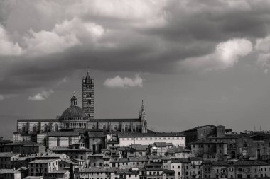Siena Cityscape with Cathedral or Duomo di Siena Church and Dramatic Sky
