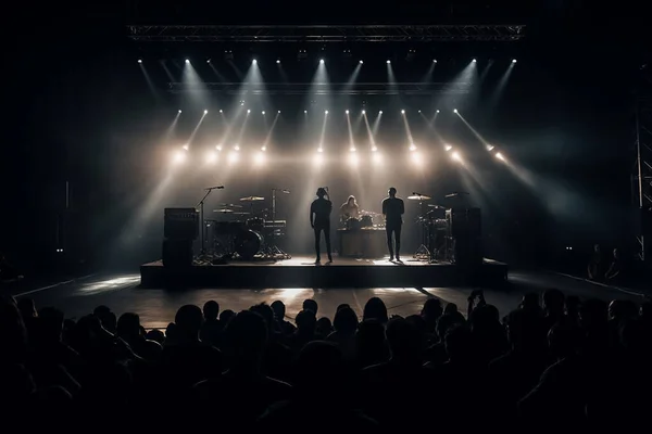 stock image Light show at a music festival. people on stage. Silhouettes and beams of light