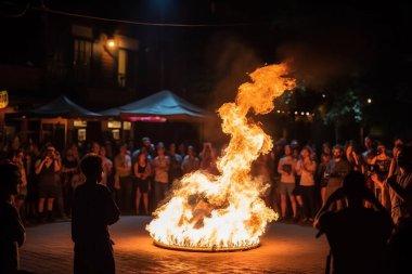 Bir müzik festivalinde yangın gösterisi. Ateşin çarpıcı dilleri. 