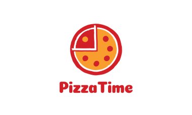 Pizza zamanı logosu. Pizza ve saatin kombinasyonu. Pizzacı, fast food vs. için mükemmel bir logo..