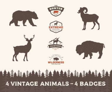 Antika hayvanlar, logo rozetleri. Retro hayvan siluetleri ve logo amblemleri koleksiyonu. El yapımı hayvanlar, ayı, geyik, bizon ve boynuzlu koyun. Retro stili hayvan rozetleri ayarlandı.