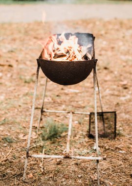 Brazier with burning firewood stands in the forest on pine branches and needles. 