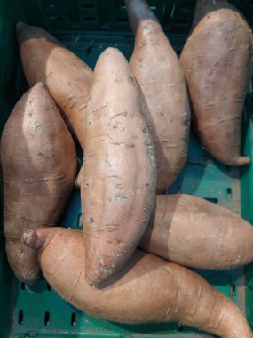 Sağlıklı tatlı patatesler. Markette yeni toplanmış tatlı patatesler. Tatlı patateslerin kaba bir dokusu ve doğal görünüşü vardır, satın almaya hazırdırlar.. 