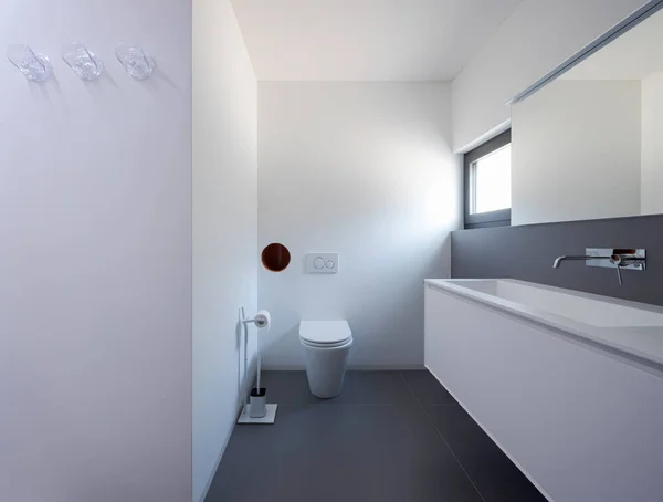 Vooraanzicht Badkamer Met Toilet Wastafel Met Grote Spiegel Een Helder — Stockfoto
