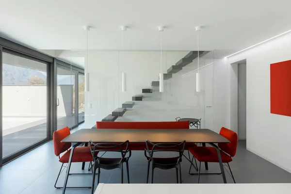 Detalhe Moderno Sala Estar Com Poltrona Sofá Vermelho Escadaria Cantilevered — Fotografia de Stock