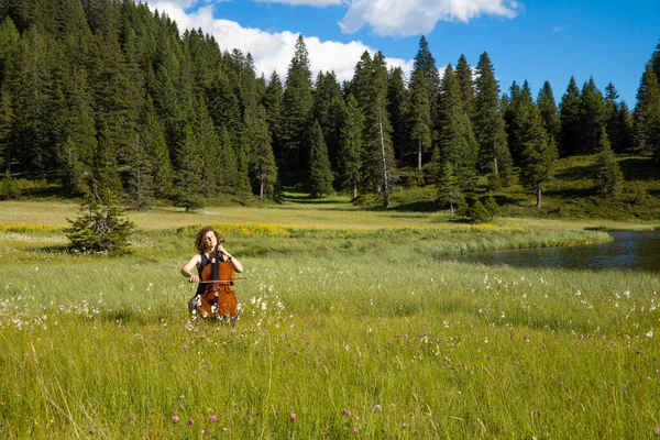 Woman Plays Cello Hot Summer Day Middle Meadow Switzerland — Foto Stock