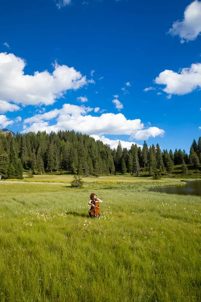 Woman Plays Cello Hot Summer Day Middle Meadow Switzerland — Stockfoto