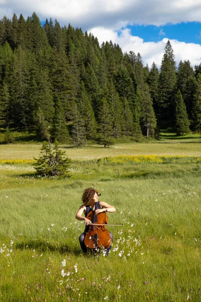 在一个炎热的夏天 女人在草地中央弹奏大提琴 — 图库照片