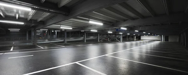 Modern Underground Garage Lamps Illuminating Scene Parking Lines Drawn Floor — Stock Photo, Image