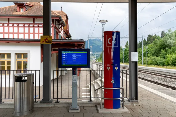 Exterior Frontal Details Milenen Station Modern Train Timetable Screen Nobody — Stock Photo, Image