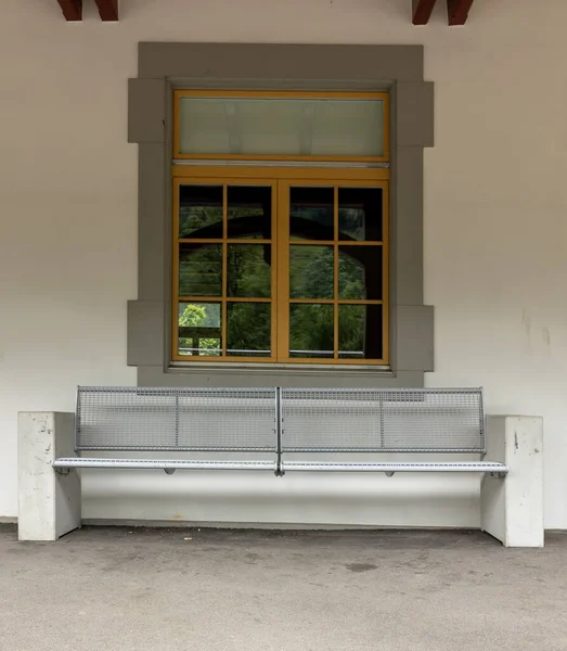 Bench Front Window Swiss Train Station One Sitting — Stock Photo, Image