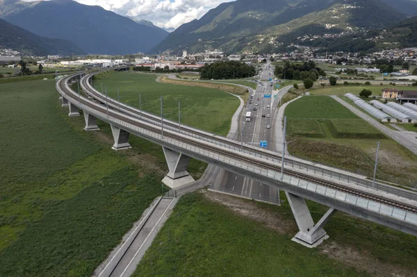 Cruce Puente Ferroviario Cruce Autopista Construcción Proyecto Suizo Ticino Disparo —  Fotos de Stock