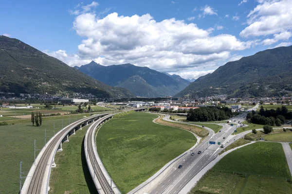 Cruce Puente Ferroviario Cruce Autopista Construcción Proyecto Suizo Ticino Disparo —  Fotos de Stock