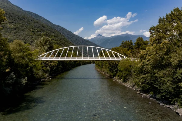 Pedestrian Bridge Small Swiss River Ticino Summer Footbridge Middle Nature — Stock Photo, Image