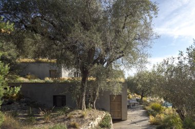Teraslı arazide inşa edilmiş zeytin ağaçlarıyla çevrili modern bir ev. Ev ham betondan yapılmıştır. İçeride kimse yok.