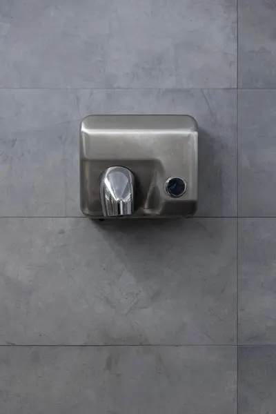 Detail Hand Dryer Hanging Gray Tile Wall Front View Copy — Stock Photo, Image