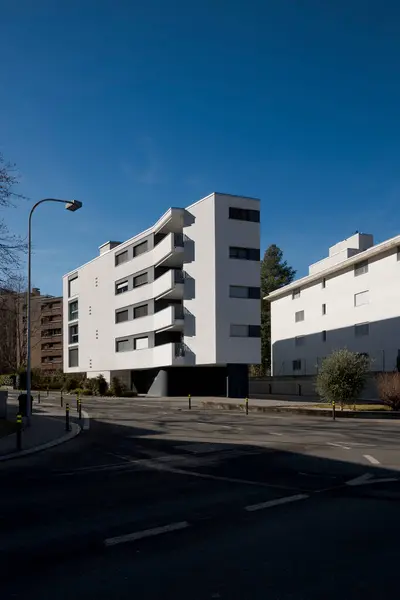 Modern Condominium Painted White Very Particular Protruding Balconies Residential Neighborhood Stock Image