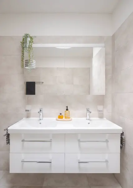 Modern Bir Tuvaletin Içi Lavabonun Önünde Ayna Önünde Sıvı Sabunlar — Stok fotoğraf