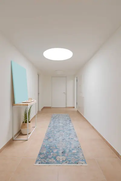 现代公寓的走廊 中间有天窗和地毯 后面是一扇紧闭的白色门 左边是一棵绿色的植物 图库图片