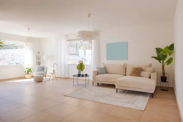 Interieur Der Neuen Modernen Wohnung Mit Einem Großen Braunen Sofa Stockbild