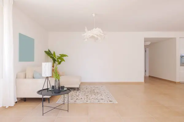 新的现代化公寓的内部 有一个大的棕色沙发和棕色的瓷砖地板 室内的绿色植物作为装饰 免版税图库照片