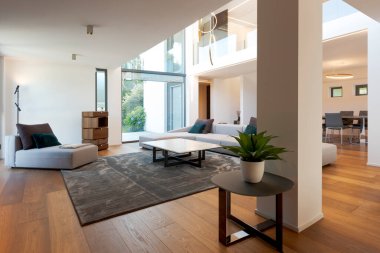 Geniş kanepeli modern oturma odası, şezlonglu, orta kahve masalı, büyük bir halının üstünde. İki katlı, modern bir evin içinde kimse yok.