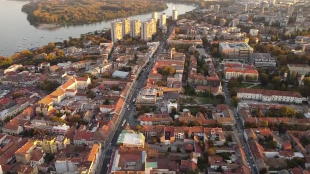 Voo Drone Pôr Sol Acima Distrito Zemum Belgrado Sérvia Europa — Vídeo de Stock