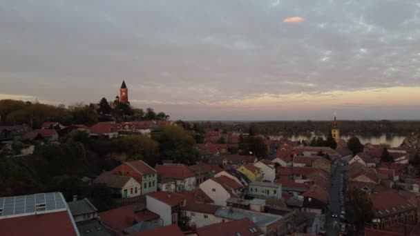 Drone Vlucht Bij Zonsondergang Boven Zemum District Belgrado Servië Europa — Stockvideo